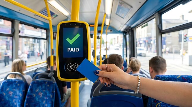 Woman paying bus fare with contactless credit card on modern public transport, screen shows successful payment, transportation made easy.