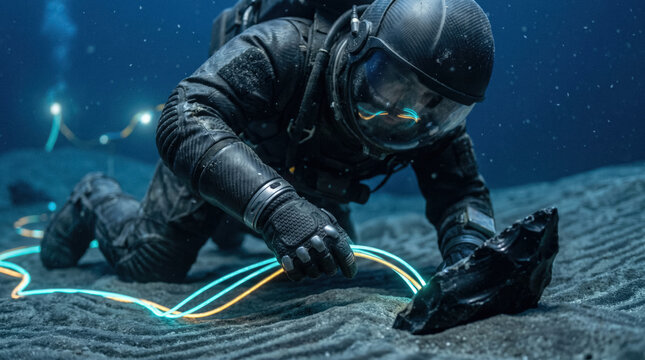 Engineer in pressure-resistant exosuit on ocean floor