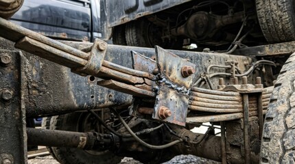 Fototapeta premium Close-up of a heavy-duty truck suspension system, detailed view.