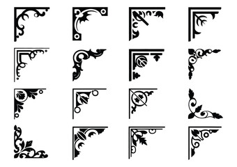 Obraz premium black ornamental corner frame set, elegant decorative vector flourishes, classic vintage baroque inspired design elements, clean isolated white background, perfect for wedding invitations, luxury.