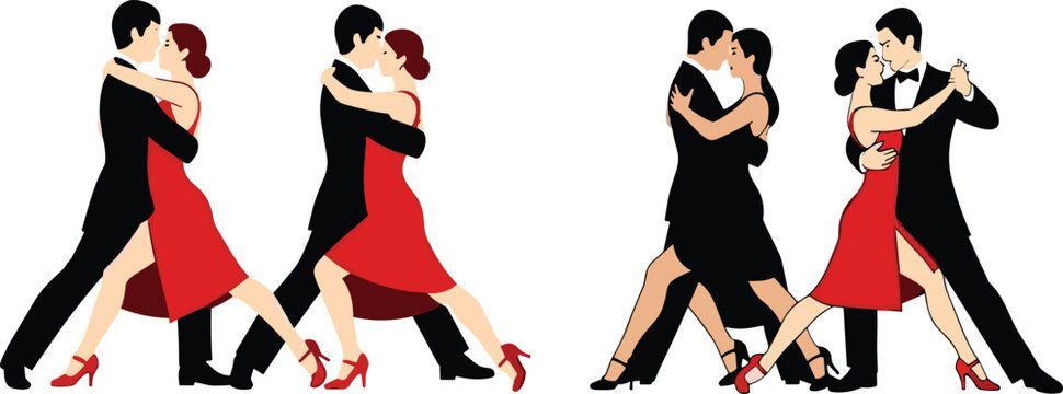 Couple dancing tango set with elegant partners in red dress and black suit, romantic ballroom dance illustration collection for love, passion and performance design