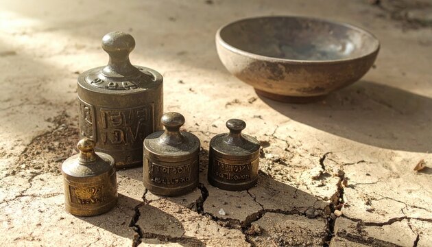 Antique bronze weights and an empty ceramic bowl resting on a cracked, earthy surface under sunlight
