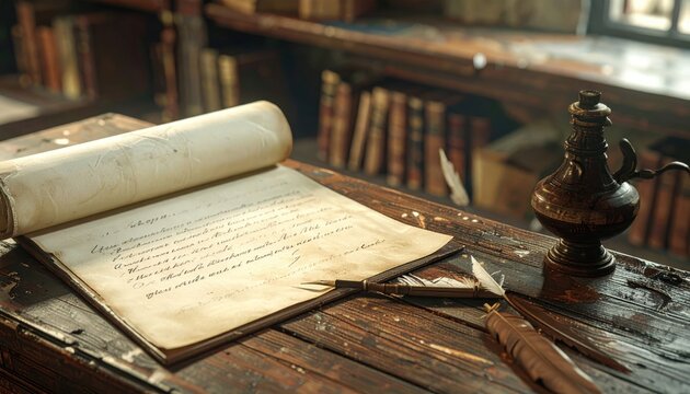 Ancient Roman parchment with quill pen on wooden desk, showcasing Latin cursive writing and historical knowledge