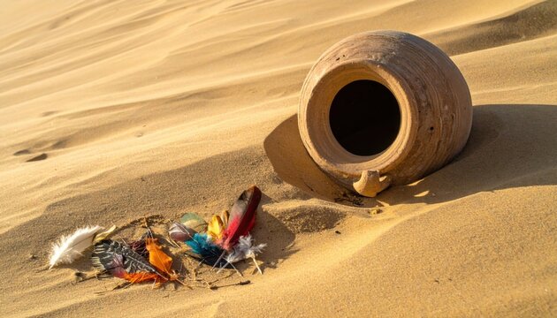 Ancient unadorned clay amphora partially buried in vast sand dunes with colorful scattered feathers