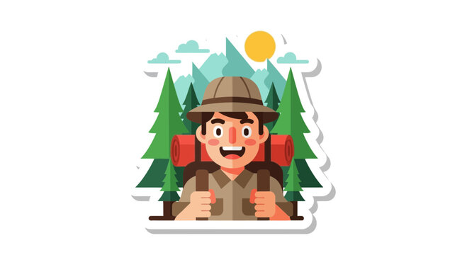 Flat design vector illustration of happy hiker enjoying nature adventure in forest landscape with bright sunlight for lifestyle travel concept