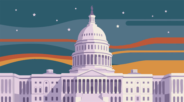 Stylized US Capitol Building at night with stars and colorful sky illustration