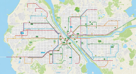 Fototapeta premium City Transit Map with Bus and Train Routes.