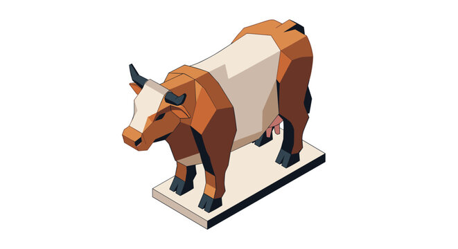 An isometric 3D illustration features a stylized brown and white cow with geometric facets standing on a light base.