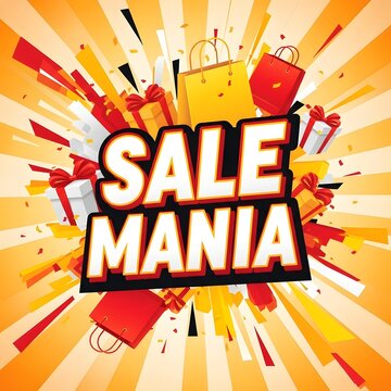 Sale mania shopping bags and gifts on colorful background with text transparent background