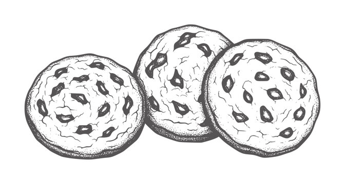 Three hand drawn chocolate chip cookies with texture food