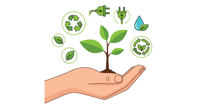 An open hand cradles a small green plant with several leaves encircled by diverse eco-friendly icons such as recycling symbols additional leaves water droplets and electrical plugs.