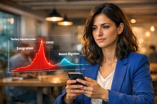 Greek Professional Analyzing Holographic Tertiary-Educated Brain Drain Emigration and Return Flow Chart on Smartphone