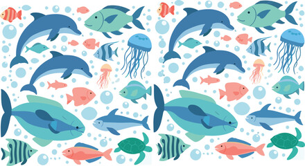 Seamless ocean animals pattern with dolphins, fish, jellyfish and turtles, colorful underwater illustration for kids textile, wallpaper and marine themed design © Sumon Creative