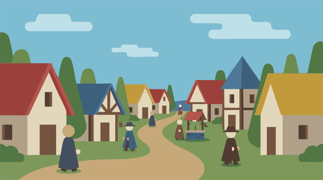 Cartoon illustration of a medieval village with villagers and houses