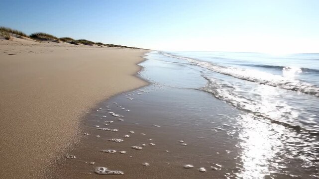 Aerial coastal river delta flowing into ocean, serene shoreline, pristine beach