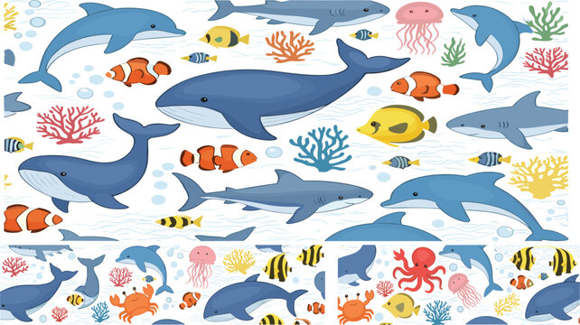 Seamless ocean pattern with dolphins, sharks, whales and tropical fish, colorful underwater illustration for kids design, textile print and marine themed backgrounds
