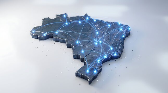Global network communication connections on map of Brazil country with glowing lines and bright light points showing digital technology and internet infrastructure concept.