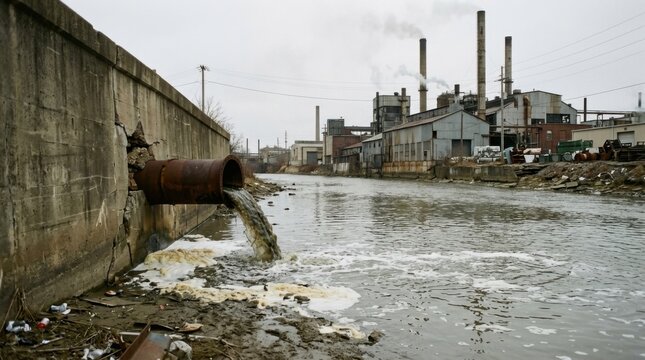 Industrial pollution contaminates river water near factory buildings.