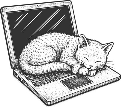 Sleeping Cat on Laptop Vintage Engraving &ndash; Cozy Work from Home Illustration