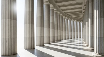 Fototapeta premium Sunlight streams through a long, curved corridor lined with numerous white marble columns. The columns are intricately detailed with classical Greek architectural features.