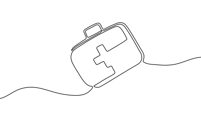 Continuous one line first aid kit emergency medical pharmacy health. First emergency aid kit bag doctor medicine art care white isolated case box hospital tool drawing paramedic background instrument.