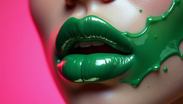 Glossy Green Lips with Pink Background