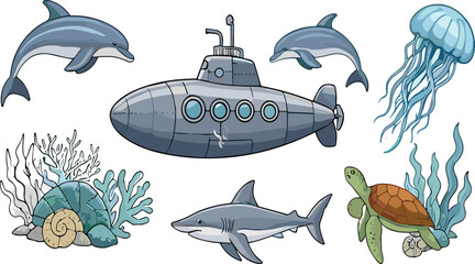 Underwater Illustration Set with Submarine, Dolphin, Shark, Turtle, Jellyfish, Coral, and Marine Life Elements for Ocean Design, Sea Exploration, and Kids Graphics © Sumon Creative
