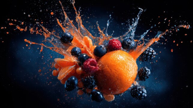 Exploding fruit composition mid air, orange and berries breaking apart, juice droplets frozen, bright saturated colors, dark contrasting background