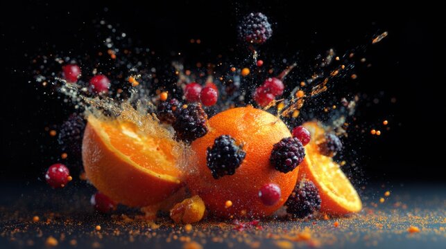 Exploding fruit composition mid air, orange and berries breaking apart, juice droplets frozen, bright saturated colors, dark contrasting background