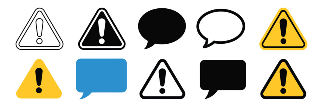 Modern Warning Triangle Speech Bubble Icon Set, warning alert and chat notification symbols, app UI messaging icons, simple flat vector illustration