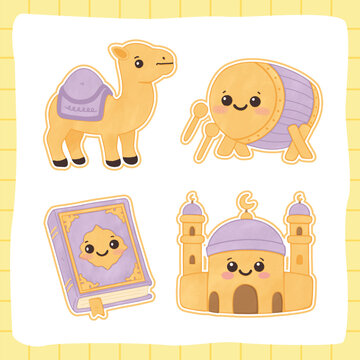 Cute Hajj Sticker Set Camel Bedug Mosque and Quran
