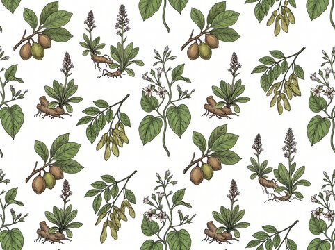 Seamless pattern with cosmetic, perfumery and medical plants: terminalia bellirica, picrorhiza kurroa, chonemorpha macrofylla, pterocarpus marsupium. Vector hand drawn illustration, isolated on white