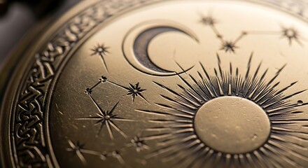 Fototapeta premium Close-up of an antique celestial disc with sun and moon symbols.