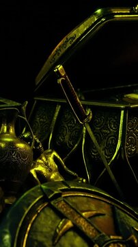 A treasure chest is open, revealing a sword, a shield, and decorative pottery. The setting has dim lighting, highlighting the artifacts details and providing a dramatic scene.