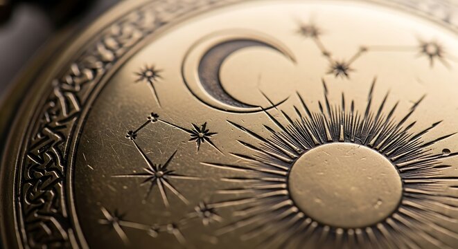 Close-up of an antique celestial disc with sun and moon symbols.