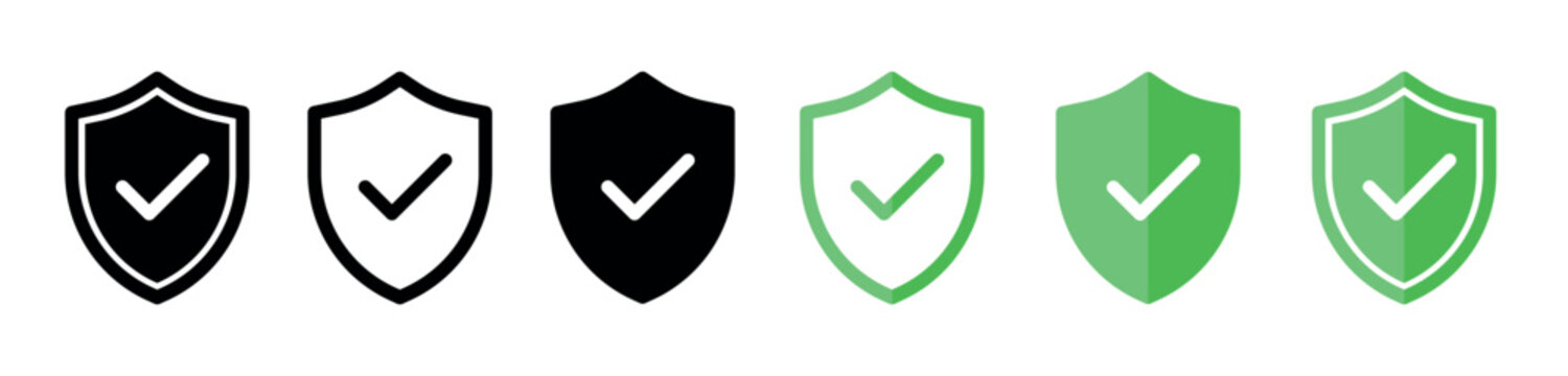 Shield icons with check mark approved secure access protection success safety cyber security concept green black style antivirus firewall vector design isolated elements set