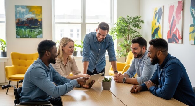 Five diverse professionals are collaboratively discussing a digital tablet at a wooden table in a bright, modern office.