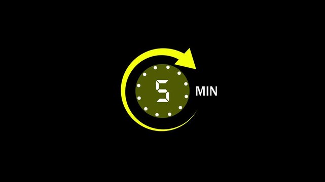 5 Min arrow clock icon animation, 5 minute animation on black background and creating a stunning 4k video.arrow clock animation video.