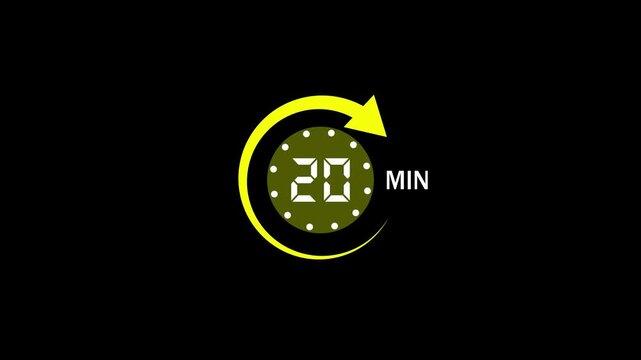 20 Min arrow clock icon animation,20 minute animation on black background and creating a stunning 4k video.arrow clock animation video.