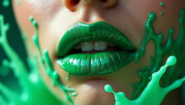 Glossy green lips with liquid splash, bold beauty concept.