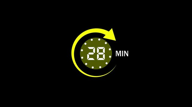 28 Min arrow clock icon animation,28 minute animation on black background and creating a stunning 4k video.arrow clock animation video.