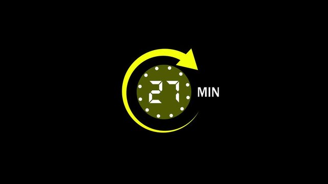 27 Min arrow clock icon animation,27 minute animation on black background and creating a stunning 4k video.arrow clock animation video.