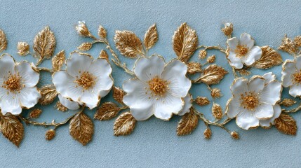 Fototapeta premium Intricate border design of wild roses made of gold and white enamel. Pale blue velvet background. Luxurious 3D sculptural relief