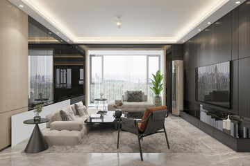 Fototapeta premium Modern Luxury Living Room Interior with Warm Tones and Natural Light