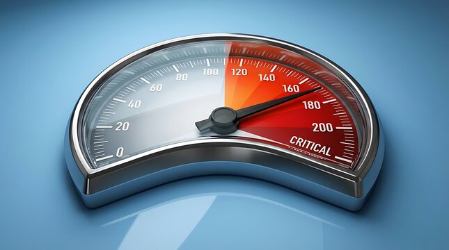 Speedometer dashboard gauge shows high performance and critical level with red zone indicating urgent warning and danger of engine overload and potential breakdown.
