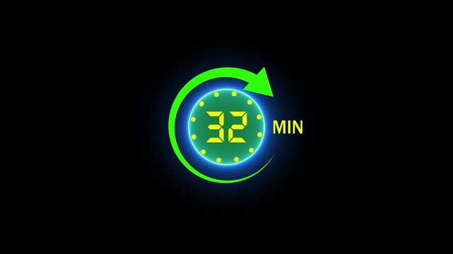 32 Min arrow clock icon animation,32 minute animation on black background and creating a stunning 4k video,arrow clock animation video.