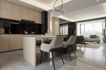 Fototapeta premium Modern Open Concept Kitchen and Living Room Interior Design with Luxury Finishes
