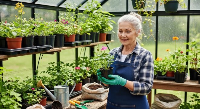 An elderly woman smiles while tending to her plants in a greenhouse. She wears a plaid apron and gardening gloves, holding a small potted plant.
