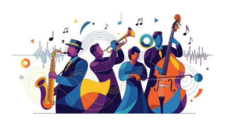 A quartet of jazz musicians are depicted in a vibrant, stylized illustration, playing a saxophone, trumpet, and bass, with notes floating around them against a clean white background © NanzZ