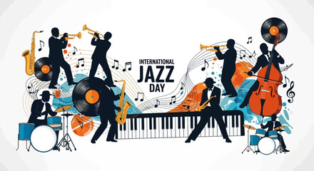 Silhouetted jazz musicians play instruments, including saxophone, trumpet, and drums, during an International Jazz Day celebration against a white background with musical notes and piano © NanzZ